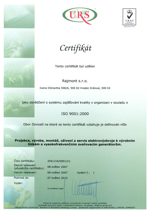 Certifikát ISO 9001:2000